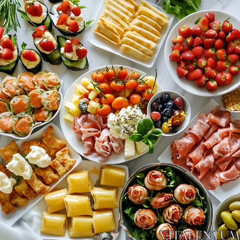 Sumptuous Assortment of Appetizers and Fruits at a Gourmet Buffet AI Image