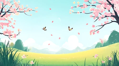 Spring Blossom Landscape with Butterflies