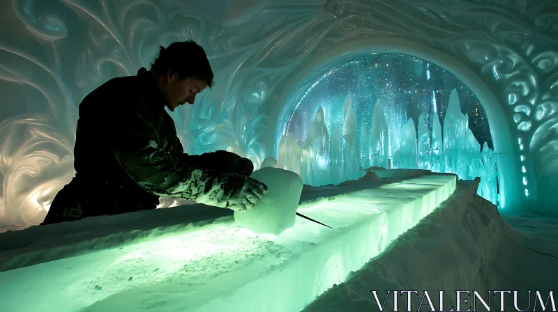 Mystical Ice Carving in an Illuminated Cave AI Image