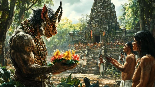 Monster Offering Flowers at Ancient Temple