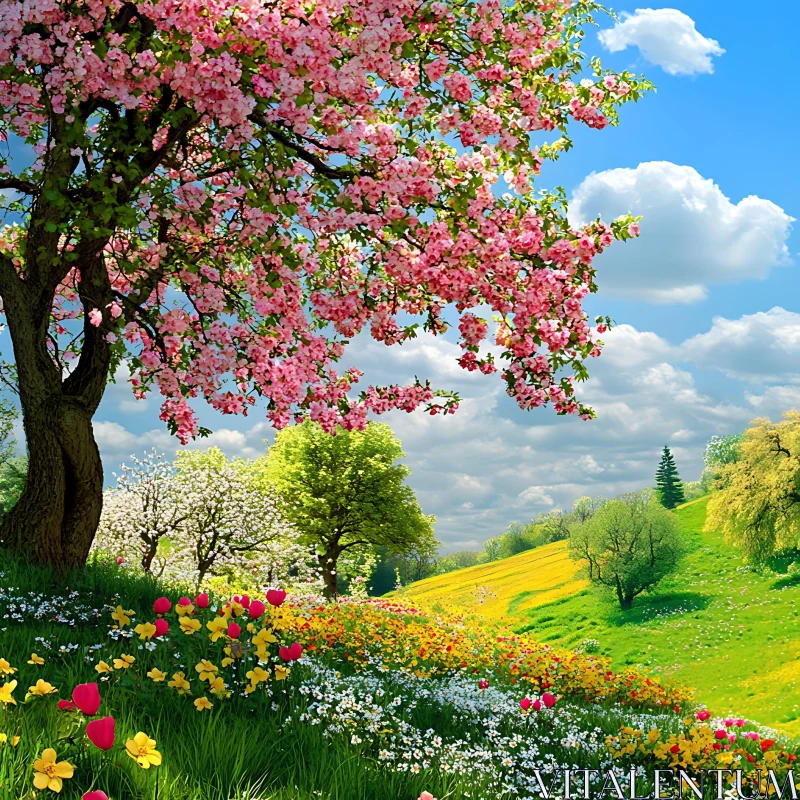 AI ART Blooming Trees and Wildflowers in Spring