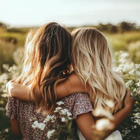 Two Friends Hugging in a Flower Field