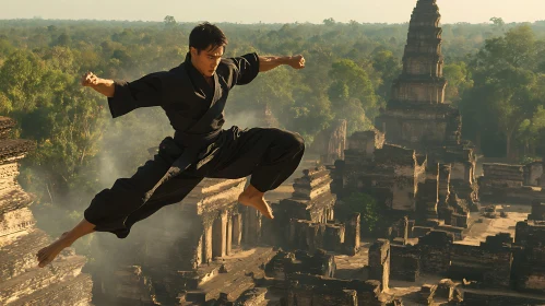 Martial Artist Mid-Air Temple Ruins