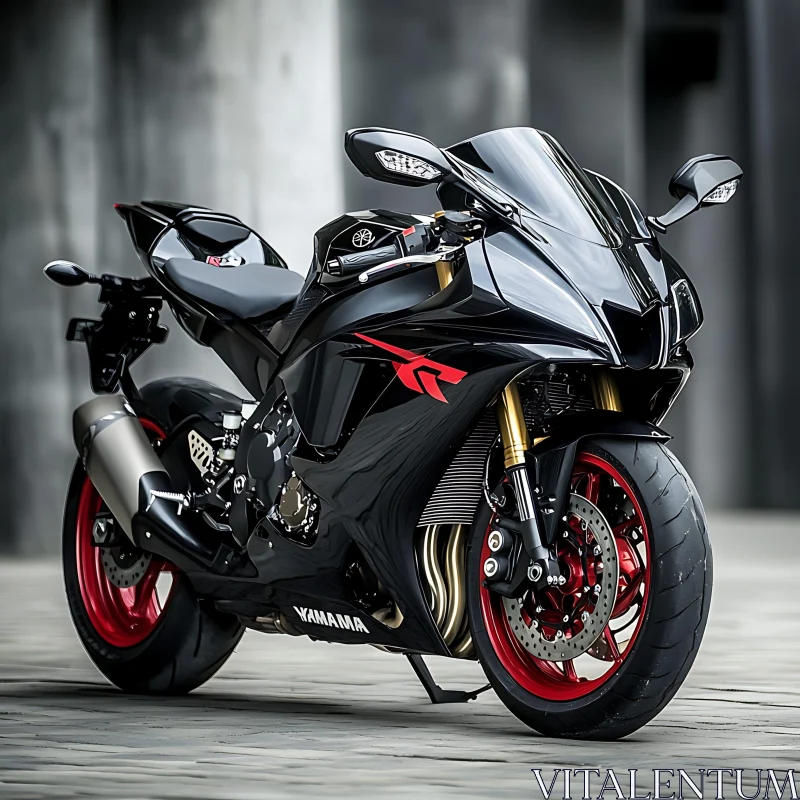 Sleek Black Sportbike with Red Accents AI Image