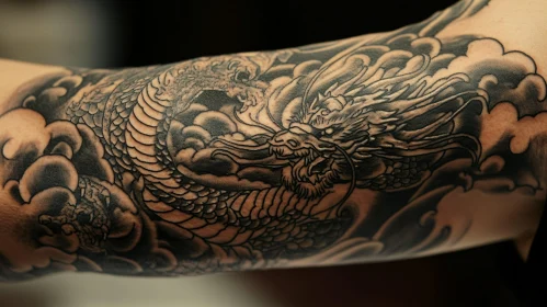 Arm Tattoo Featuring Detailed Dragon and Clouds