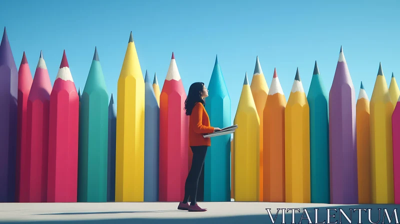 Woman Surrounded by Giant Pencils AI Image