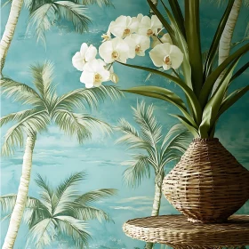 Tropical Bloom Still Life with Wicker Vase