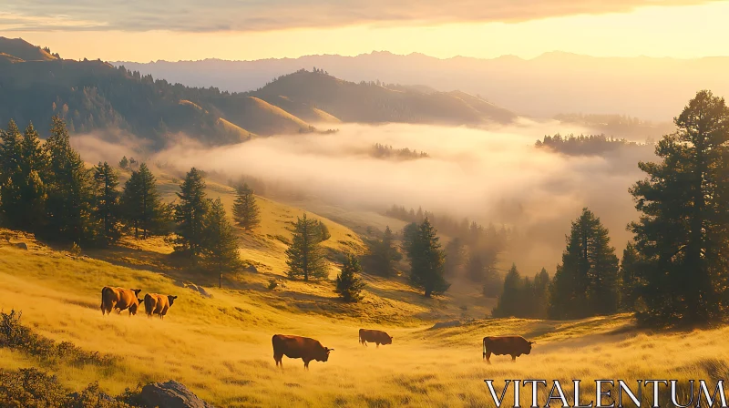 Cows Grazing in a Foggy Landscape AI Image