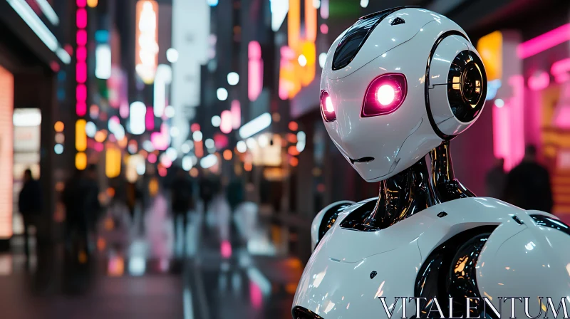 Tech-Driven Robot Amidst Vibrant Neon City AI Image