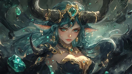 Mystical Horned Woman with Turquoise Hair