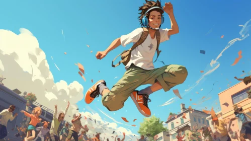 Anime Art: Energetic Boy Jumping Over a Joyful Crowd