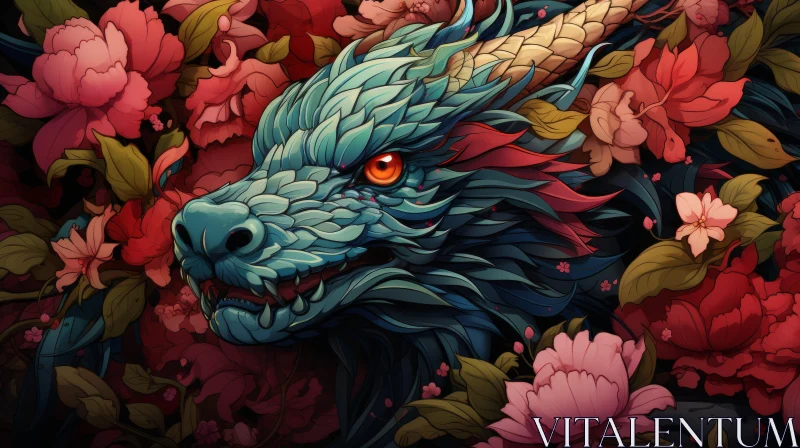 Asian Dragon Amidst Floral Splendor: Intricate Illustration AI Image
