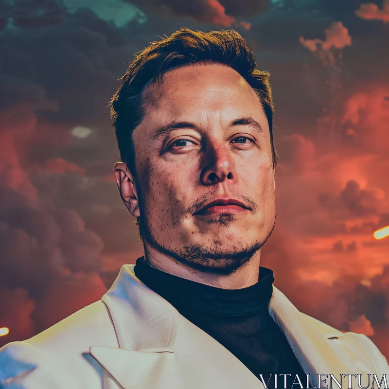 Elon Musk in White Suit with Sunset AI Image