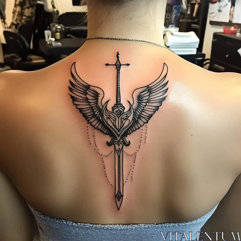 Winged Sword Tattoo on Upper Back AI Image