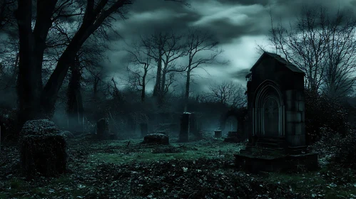 Mysterious Graveyard Scene with Fog