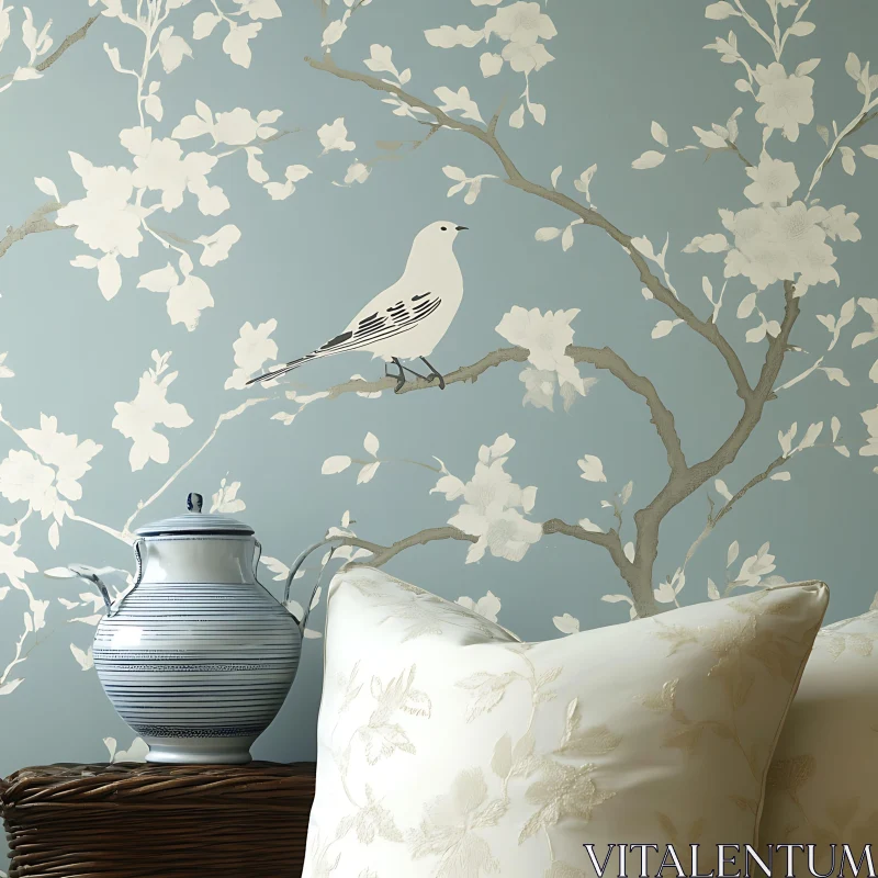 AI ART Vintage Floral Wallpaper with Bird Motif