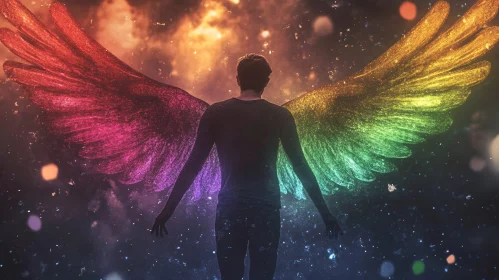 Man with Colorful Wings in Space