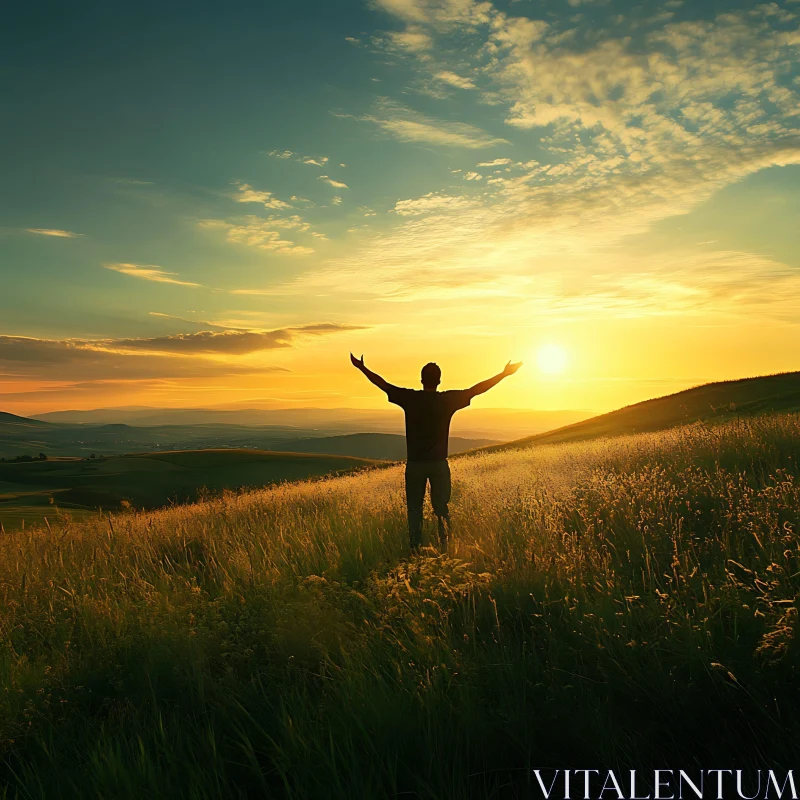 Silhouette in Field at Sunset AI Image