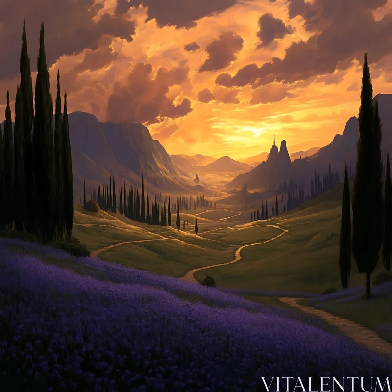 Tranquil Sunset Over Lavender Fields and Hills AI Image