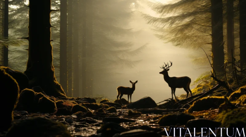 Misty Forest Scene with Deer by the Stream AI Image