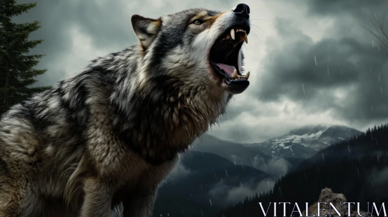 Roaring Wolf on Rocks - A Gloomy Digital Art Display AI Image