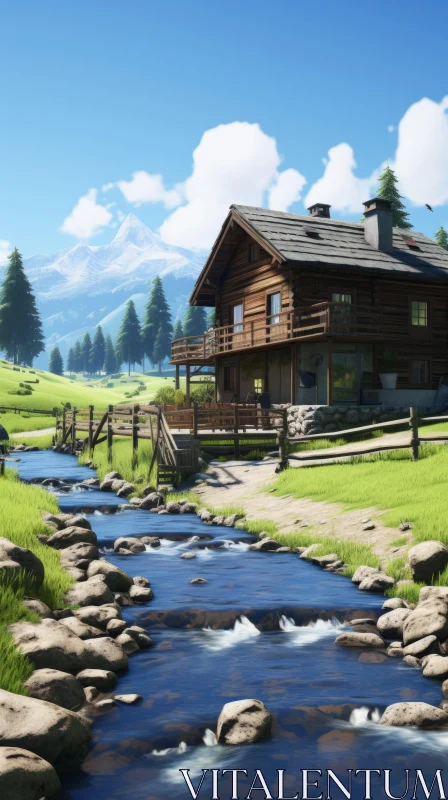 Serene Pastoral Scene with Stream and House | Highly Detailed Environments AI Image