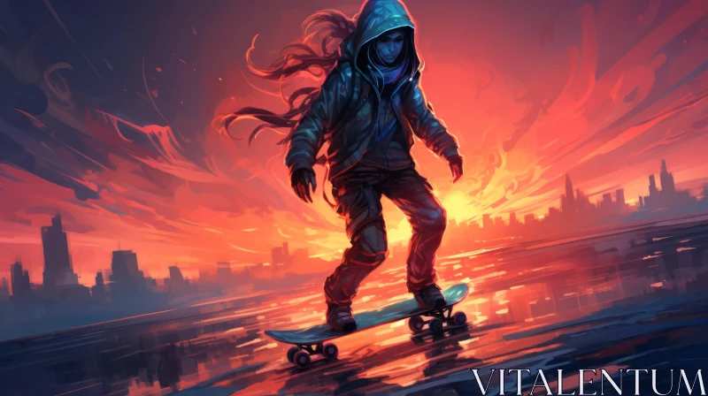 Skateboarding Girl in City - A Nightmare Illustrated Artwork AI Image