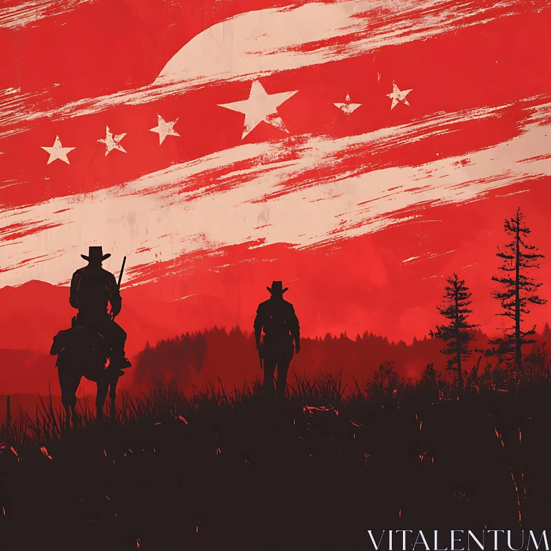 AI ART Cowboys Silhouetted by Red Sky with Stars and Stripes