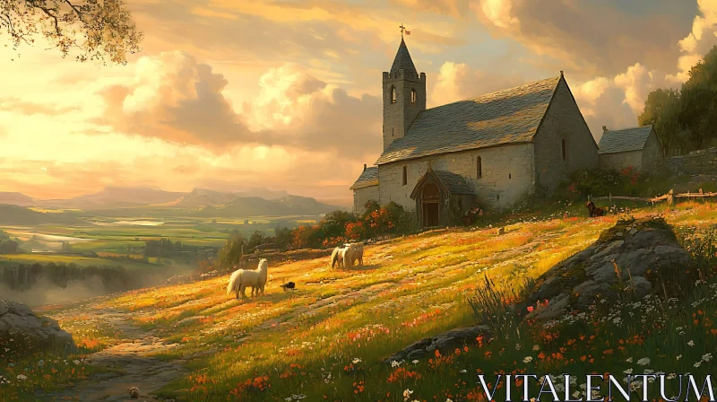 Rural Landscape with Stone Church and Meadow AI Image