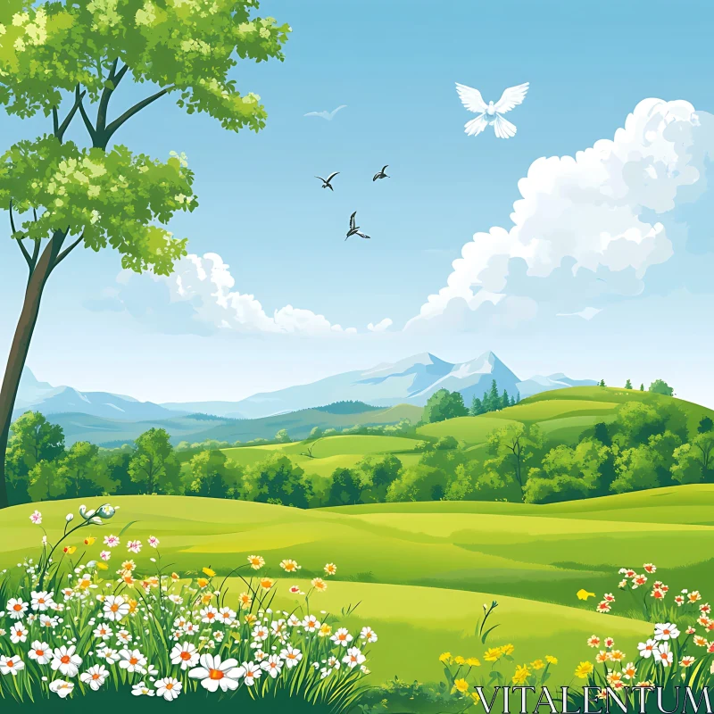 Scenic Green Field with Birds Flying AI Image