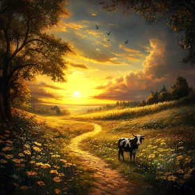 Peaceful Sunset Meadow with Cow