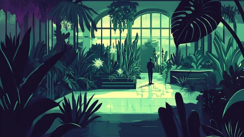 Tranquil Greenhouse Illustration with Lone Figure