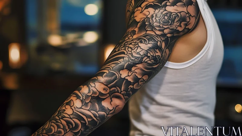 Detailed Black-and-Grey Floral Tattoo Sleeve AI Image