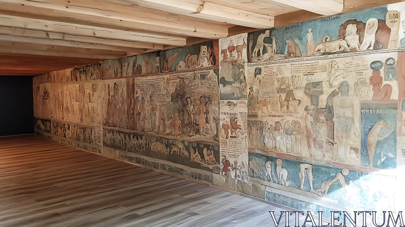 Ancient Mural in Spacious Room with Wooden Ceiling AI Image