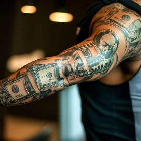 Intricate Sleeve Tattoo of Dollar Bills and Portraits