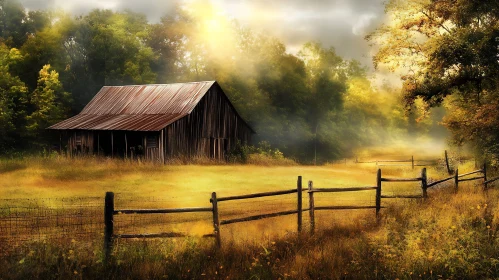 Old Barn and Fence in Countryside