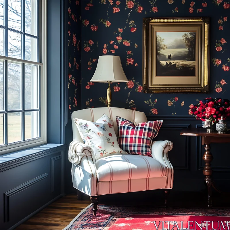 AI ART Cozy Room Corner with Armchair and Floral Design