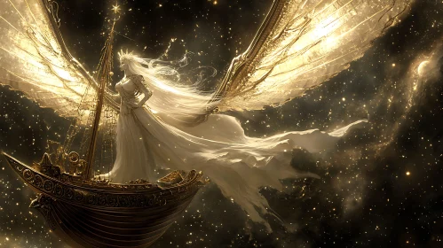 Winged Figure on Boat Among Stars