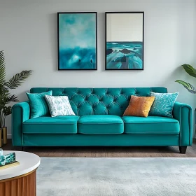 Turquoise Couch in Living Room