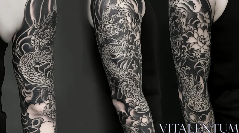 Exquisite Dragon Arm Sleeve Tattoo with Floral Design AI Image