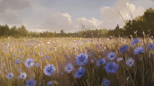 Floral Field with Blue Cornflowers