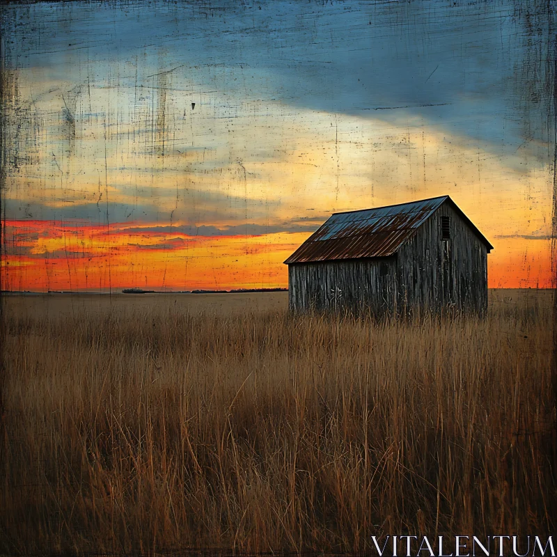 AI ART Old Barn in Field at Sunset