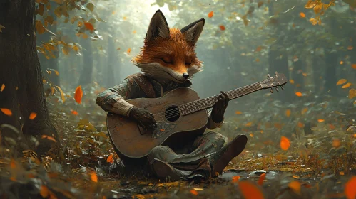 Fox playing guitar in the woods
