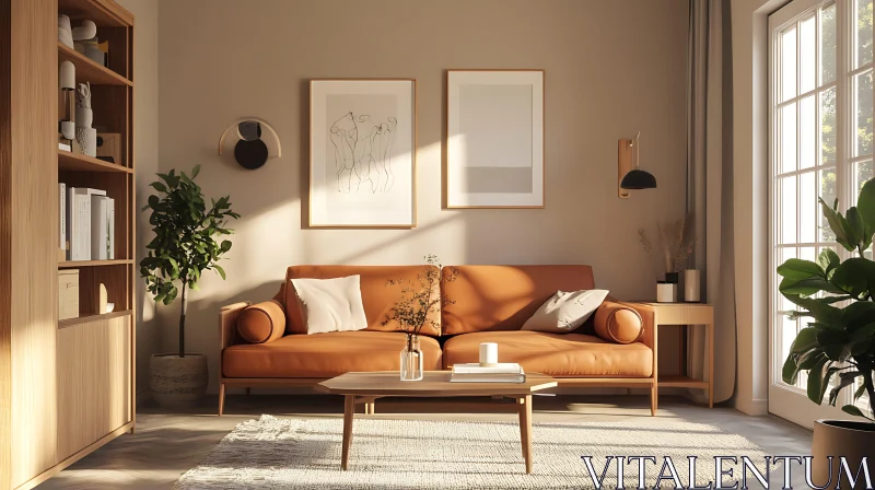 Tan Sofa in a Sunlit Living Room AI Image