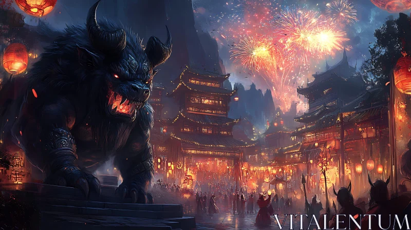 City Festival with Fireworks and Monster AI Image