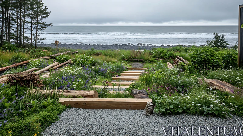 AI ART Seaside Garden Path with Wooden Steps