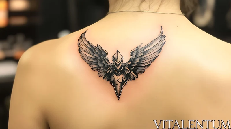 Stylized Bird Tattoo with Wings on Upper Back AI Image