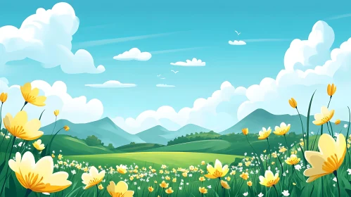 Scenic Flower Field with Distant Mountains