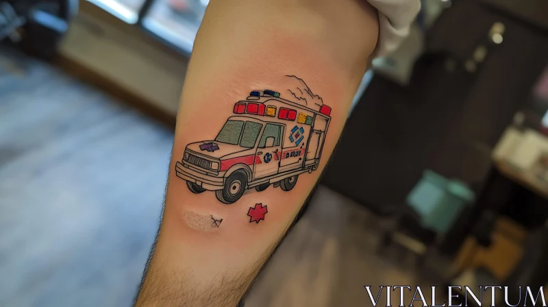 Vibrant Ambulance Tattoo Art on Inner Arm AI Image