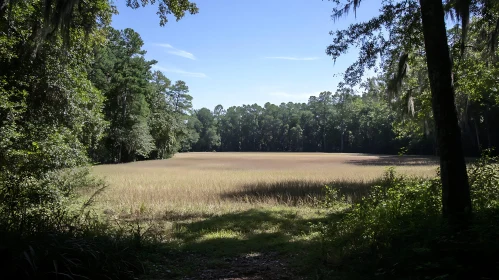 Lush Field Surrounded by Forest